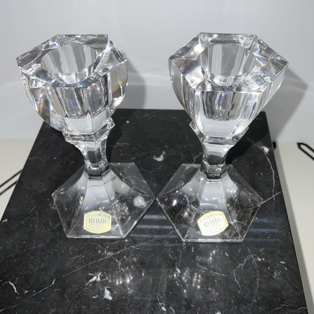 Atlantis‎ Crystal Short Candle Sticks Made In Portugal Signed Weddings Halloween